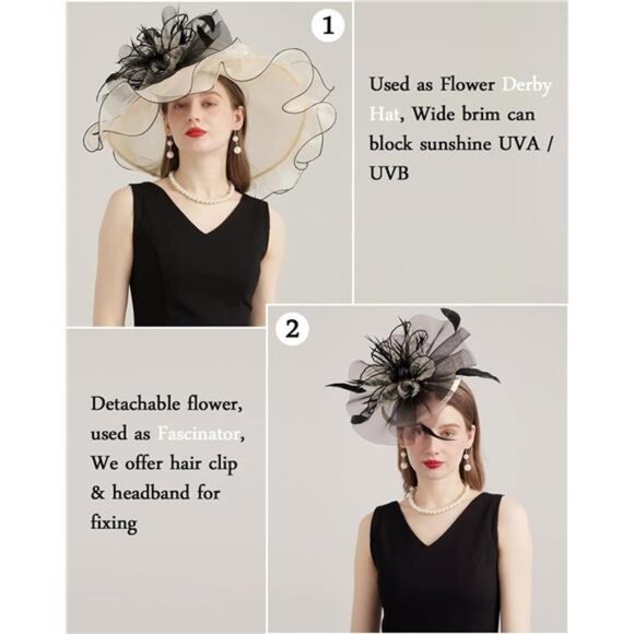 Women Organza Church Tea Party Hats Floral Beige Black main image 5
